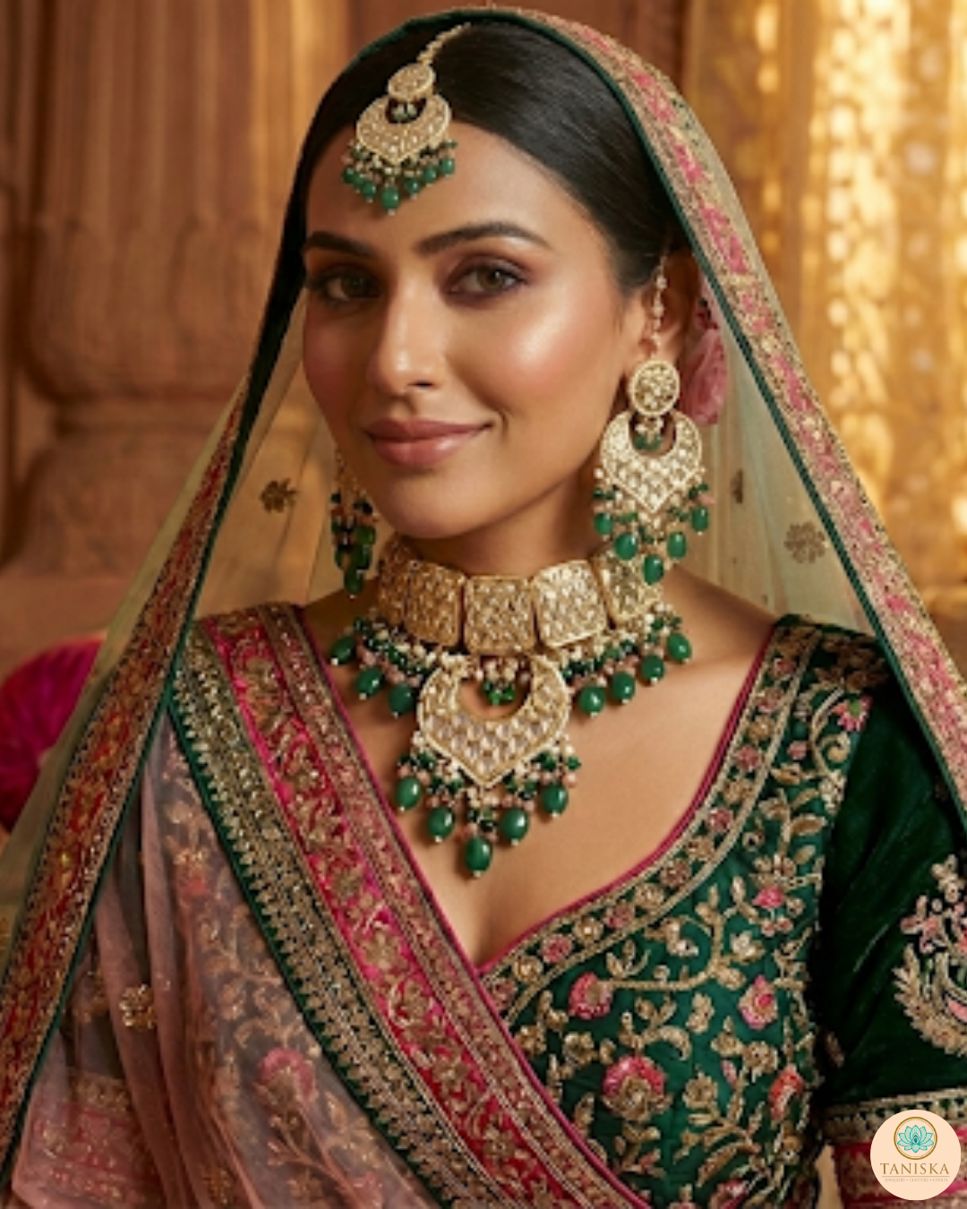 MEHAR Designer Bottle Green/Peach Kundan Necklace Set
