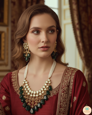 MISHA Kundan Necklace Set (Emerald, Maroon Combo)