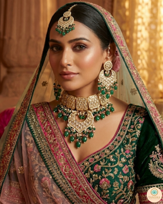 MEHAR Designer Bottle Green/Peach Kundan Necklace Set