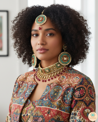 Pearly Antique Gold Necklace Set (Necklace, Earrings, Tikka) - Golden / Multi