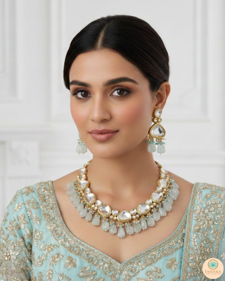 ROYAL Kundan Necklace Set - Greyish Blue (with Meenakari)
