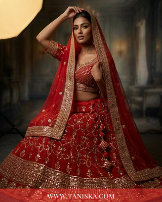 Crimson Velvet Heritage Bridal Lehenga
