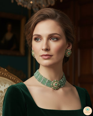 Victorian Traditional Kundan Necklace Set - Mint