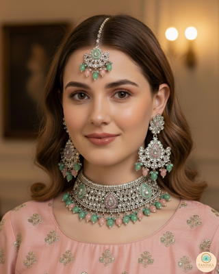 LIYANA Silver (Mint/Baby Pink) Necklace Set