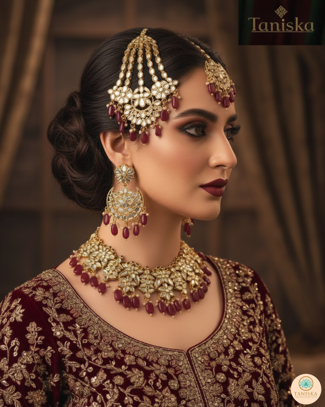 RAHA Traditional Glass Necklace Set - Deep Red/Maroon