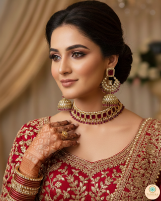 Pearly Antique Gold Necklace Set (Necklace, Earrings, Tikka) - Golden / Maroon
