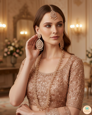 American Diamond Style, Cubic Zirconia Long Necklace Set - Rose Gold