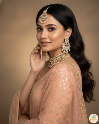 Pearly Antique Gold Necklace Set (Necklace, Earrings, Tikka) - Golden / Peach