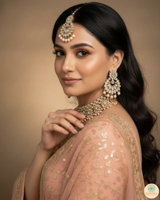 Pearly Antique Gold Necklace Set (Necklace, Earrings, Tikka) - Golden / Peach