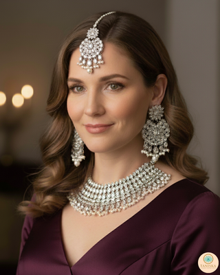 Pearly Antique Silver Necklace Set (Necklace, Earrings, Tikka) - Silver