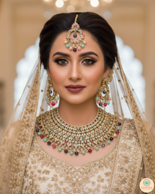 Pearly Antique Gold Necklace Set (Necklace, Earrings, Tikka) - Golden / Multi