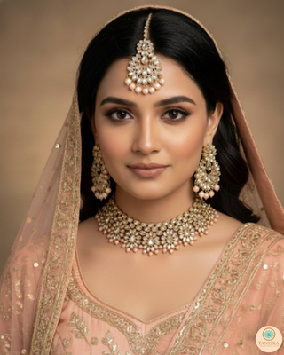 Pearly Antique Gold Necklace Set (Necklace, Earrings, Tikka) - Golden / Peach
