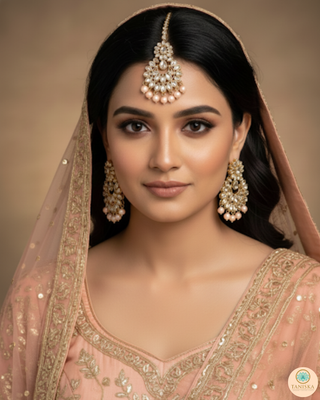 Pearly Antique Gold Necklace Set (Necklace, Earrings, Tikka) - Golden / Peach