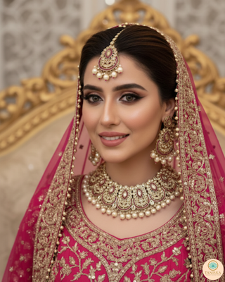 Pearly Antique Gold Necklace Set (Necklace, Earrings, Tikka) - Golden / Hot Pink