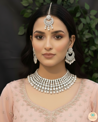 Pearly Antique Silver Necklace Set (Necklace, Earrings, Tikka) - Silver