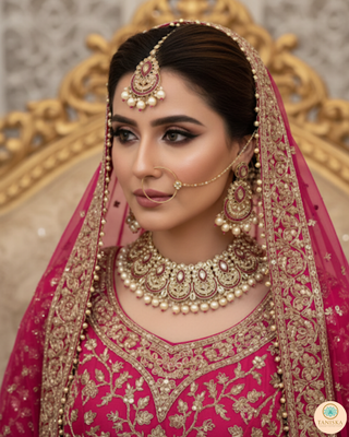 Pearly Antique Gold Necklace Set (Necklace, Earrings, Tikka) - Golden / Hot Pink
