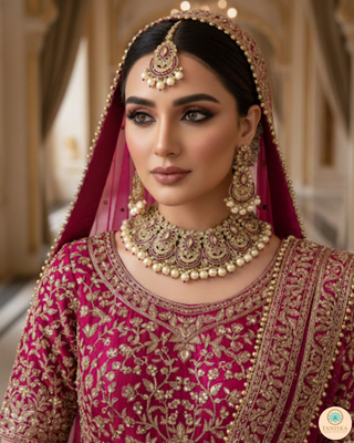 Pearly Antique Gold Necklace Set (Necklace, Earrings, Tikka) - Golden / Hot Pink