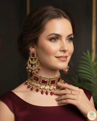 Pearly Antique Gold Necklace Set (Necklace, Earrings, Tikka) - Golden / Maroon