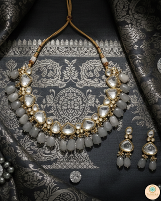 ROYAL Kundan Necklace Set - Charcoal Grey (with Meenakari)