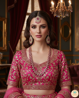 American Diamond Style, Cubic Zirconia Long Necklace Set - Rose Gold / Hot Pink