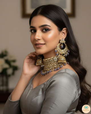 Pearly Antique Gold, Double Choker Necklace Set (Necklace, Earrings, Tikka) - Golden / Charcoal Grey