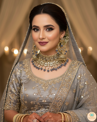 Pearly Antique Gold, Double Choker Necklace Set (Necklace, Earrings, Tikka) - Golden / Charcoal Grey