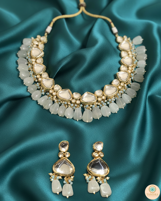 ROYAL Kundan Necklace Set - Greyish Blue (with Meenakari)