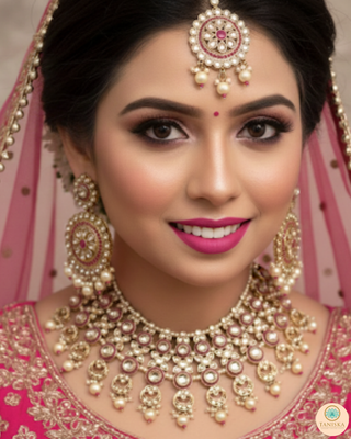 Pearly Antique Gold Necklace Set (Necklace, Earrings, Tikka) - Golden / Hot Pink