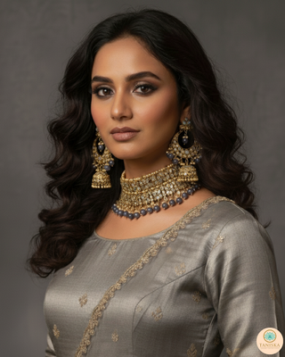 Pearly Antique Gold, Double Choker Necklace Set (Necklace, Earrings, Tikka) - Golden / Charcoal Grey