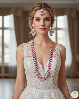 American Diamond Style, Cubic Zirconia Long Necklace Set - Rose Gold / Hot Pink