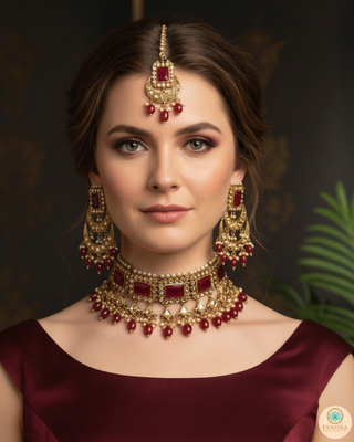 Pearly Antique Gold Necklace Set (Necklace, Earrings, Tikka) - Golden / Maroon