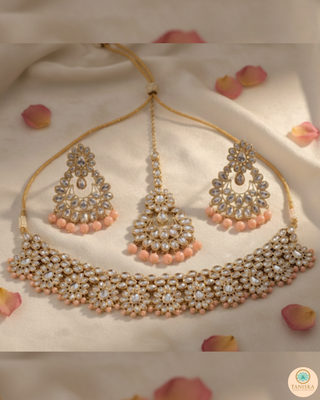 Pearly Antique Gold Necklace Set (Necklace, Earrings, Tikka) - Golden / Peach