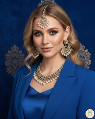 Pearly Antique Gold Necklace Set (Necklace, Earrings, Tikka) - Golden