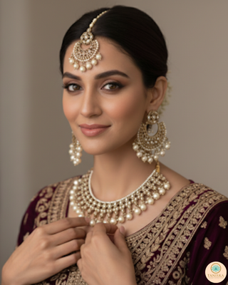 Pearly Antique Gold Necklace Set (Necklace, Earrings, Tikka) - Golden
