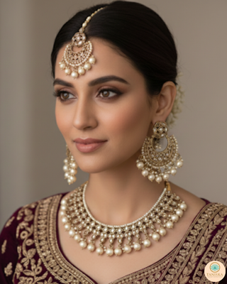 Pearly Antique Gold Necklace Set (Necklace, Earrings, Tikka) - Golden