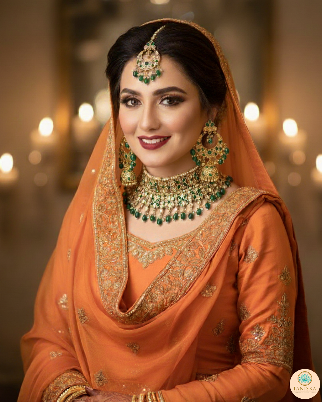 Pearly Antique Gold, Double Choker Necklace Set (Necklace, Earrings, Tikka) - Golden / Emerald Green