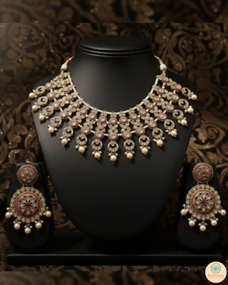 Pearly Antique Gold Necklace Set (Necklace, Earrings, Tikka) - Golden / Hot Pink