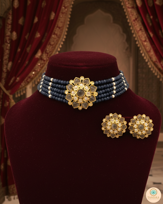 Victorian Traditional Kundan Necklace Set - Charcoal Grey