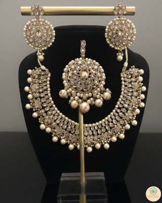Pearly Antique Gold Necklace Set (Necklace, Earrings, Tikka) - Golden