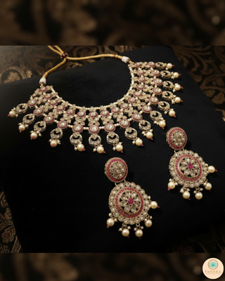 Pearly Antique Gold Necklace Set (Necklace, Earrings, Tikka) - Golden / Hot Pink