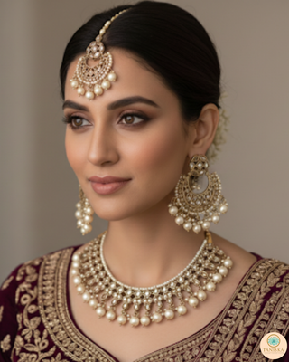 Pearly Antique Gold Necklace Set (Necklace, Earrings, Tikka) - Golden