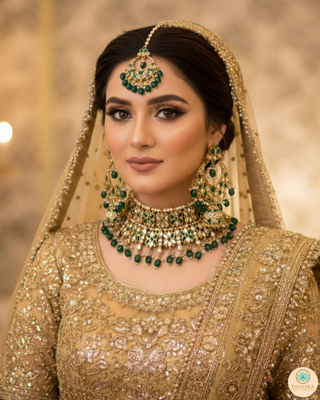 Pearly Antique Gold, Double Choker Necklace Set (Necklace, Earrings, Tikka) - Golden / Emerald Green