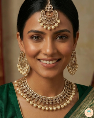 Pearly Antique Gold Necklace Set (Necklace, Earrings, Tikka) - Golden