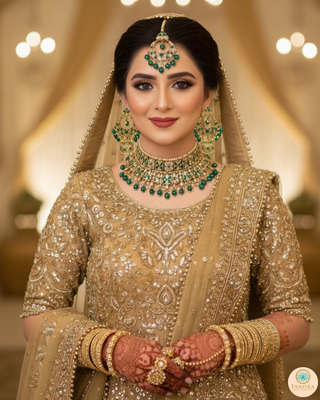 Pearly Antique Gold, Double Choker Necklace Set (Necklace, Earrings, Tikka) - Golden / Emerald Green