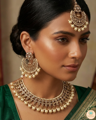 Pearly Antique Gold Necklace Set (Necklace, Earrings, Tikka) - Golden