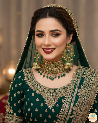 Pearly Antique Gold, Double Choker Necklace Set (Necklace, Earrings, Tikka) - Golden / Emerald Green