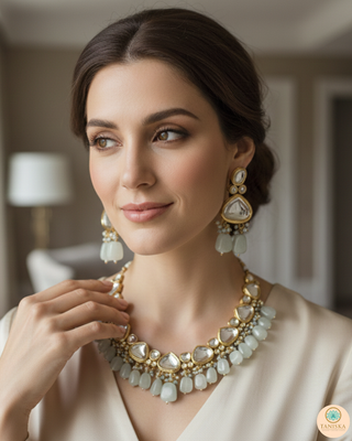 ROYAL Kundan Necklace Set - Greyish Blue (with Meenakari)