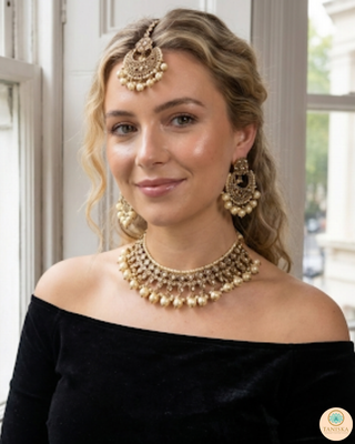 Pearly Antique Gold Necklace Set (Necklace, Earrings, Tikka) - Golden