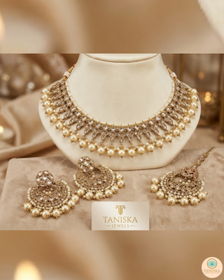 Pearly Antique Gold Necklace Set (Necklace, Earrings, Tikka) - Golden
