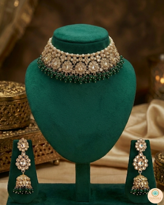 Pearly Antique Gold Necklace Set (Necklace, Earrings, Tikka) - Golden / Emerald Green